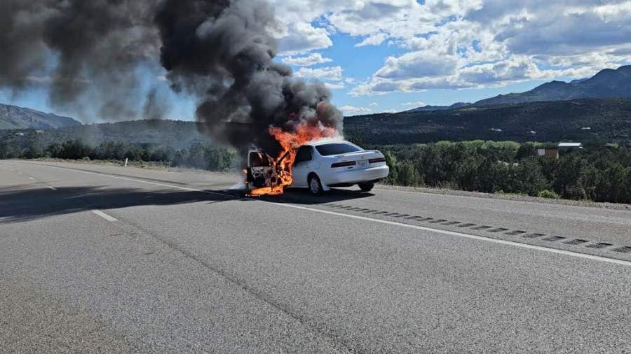 Fire officials responded to a vehicle fire on I-15 in southern Utah on April 28, 2024. The fire was extinguished within about 10 minutes, but caused road closures and traffic delays. (Courtesy: New Harmony Fire Department)