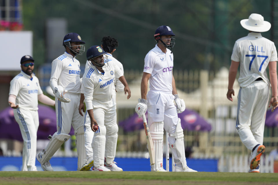 England's James Anderson, second right, waits for the umpire decision on the second day of the fourth cricket test match between England and India in Ranchi, India, Saturday, Feb. 24, 2024. (AP Photo/Ajit Solanki)