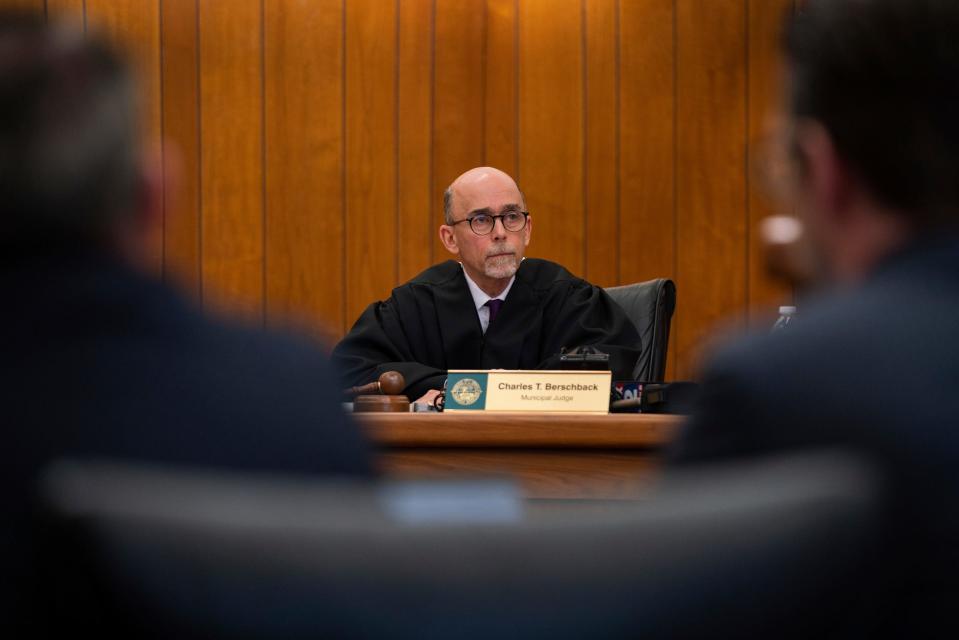 Municipal Judge Charles Berschback listens during an arraignment hearing for David Sutherland, an attorney who has been charged with embezzling hundreds of thousands of dollars from recently deceased Carhartt heiress Gretchen Valade's trust, at Grosse Pointe Farms Municipal Court on January 11, 2023.