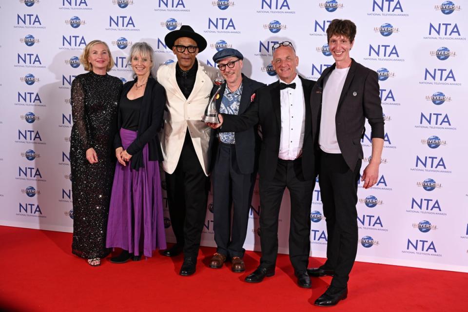 Kirsten Ramsay, Susie Fletcher, Jay Blades, Chris Shaw, Steve Fletcher and Dean Westmoreland accepting the Daytime award on behalf of The Repair Shop (Getty Images)