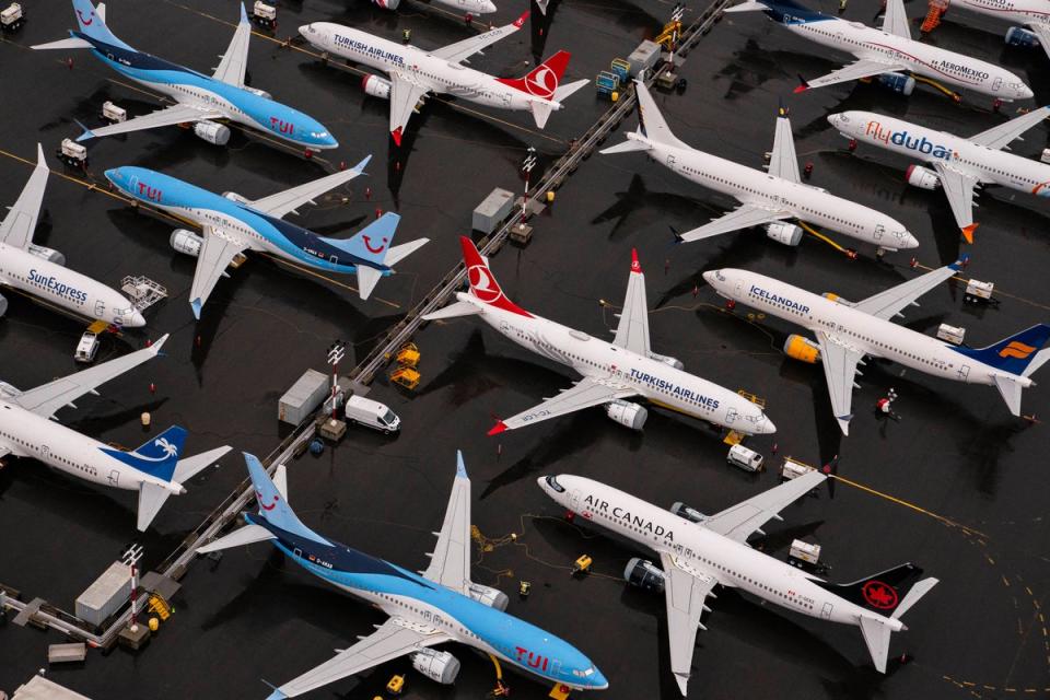 Boeing 737 Max airplanes sit parked at Boeing Field in 2020 in Seattle, Washington after they were  grounded worldwide since March 2019 after two deadly crashes in Indonesia and Ethiopia (Getty)
