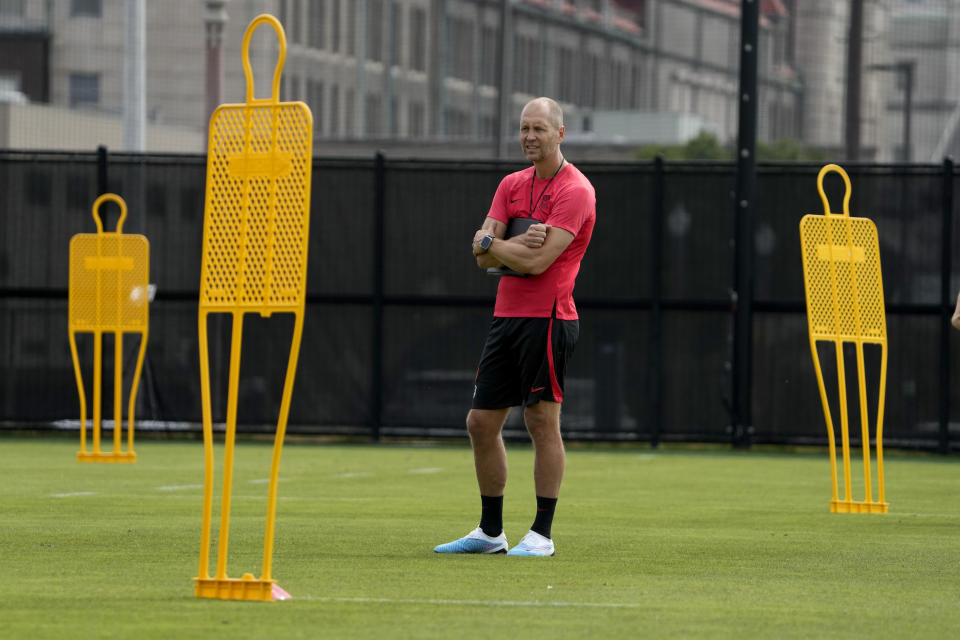United States men's national soccer team head coach Gregg Berhalter watches practice Monday, Sept. 4, 2023, in St. Louis. The U.S. is set to play a friendly against Uzbekistan this Saturday in St. Louis. (AP Photo/Jeff Roberson)