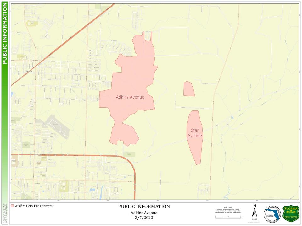This map from the Florida Forest Service shows the acreage of the Adkins Avenue and Star Avenue wildfires as of Monday evening, Mar. 7, 2022.