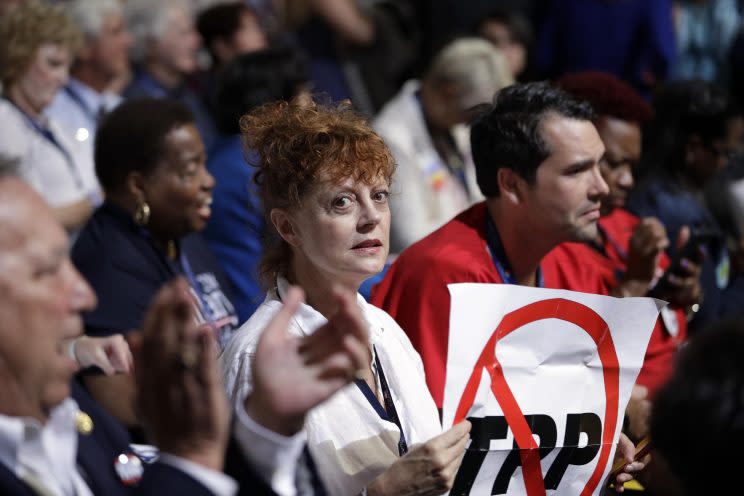 Actress Susan Sarandon holds up a sign during the first day of the Democratic National Convention in Philadelphia, Monday, July 25, 2016. (Photo: John Locher/AP)