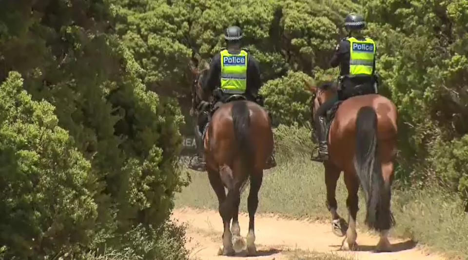 Two police are seen riding on horseback.