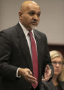 Attorney Amar Majmundar with the North Carolina Department of Justice, argues for the State during a hearing on Mark E. Harris v. NC State Board of Elections on Tuesday, Jan. 22, 2019, in Superior Court in Raleigh, N.C. A North Carolina judge is considering a demand to order the victory of the Republican in the country's last undecided congressional race despite an investigation into whether his lead was boosted by illegal vote-collection tactics. (Robert Willett/The News & Observer via AP, Pool)