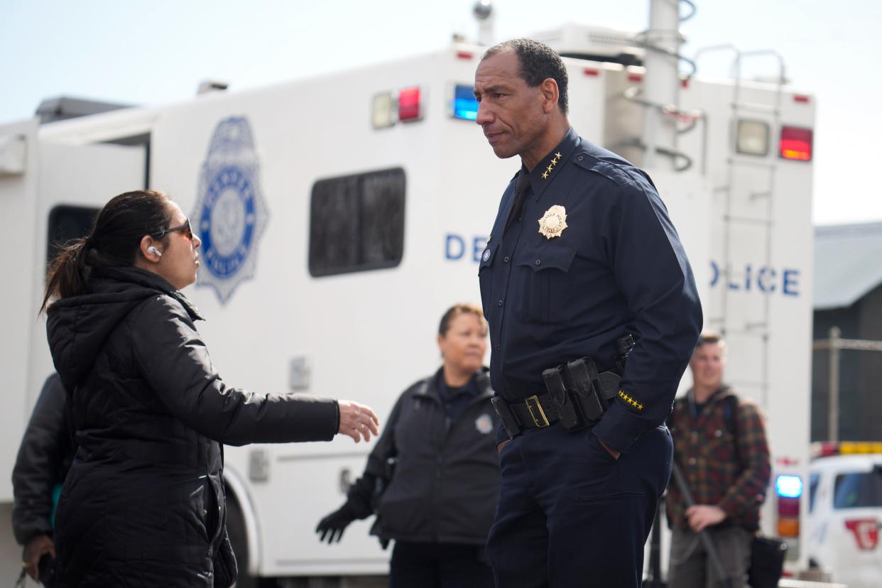 Denver Police Department Chief Ron Thomas stands outside of East High School after a school shooting Wednesday, March 22, 2023, in Denver (AP)