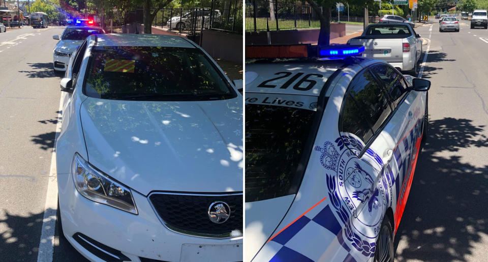 A Holden Commodore ute is pictured pulled over by NSW Police in North Sydney.