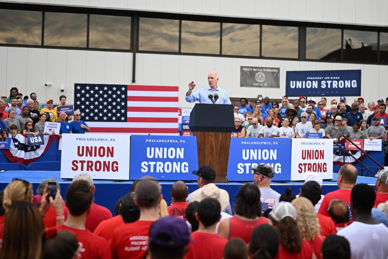 PHILADELPHIA, PENNSYLVANIA - SEPTEMBER 4: U.S. Senator Bob Casey (D-PA) talks to the crowd before U.S. President Joe Biden addresses union workers at Sheet Metal Workers Local 19 on September 4, 2023 in Philadelphia, Pennsylvania. During his speech, President Biden talked about his record on job creation and support for labor unions. (Photo by Mark Makela/Getty Images)