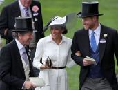 <p>The newlyweds were all smiles at <a href="https://www.townandcountrymag.com/society/tradition/a21614131/meghan-markle-royal-ascot-2018-kate-middleton-comparison/" rel="nofollow noopener" target="_blank" data-ylk="slk:Meghan's first Royal Ascot in late June.;elm:context_link;itc:0;sec:content-canvas" class="link ">Meghan's first Royal Ascot in late June.</a></p>