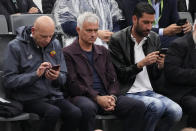 Roma's head coach Jose Mourinho watches the men's final tennis match between Daniil Medvedev of Russia and Denmark's Holger Rune at the Italian Open tennis tournament in Rome, Italy, Sunday, May 21, 2023. (AP Photo/Gregorio Borgia)