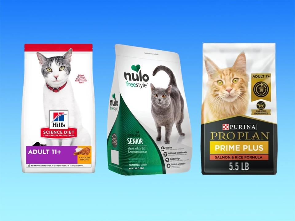 Bags of dry senior cat foods from Purina, Hill's, and Nulo against a blue gradient background.