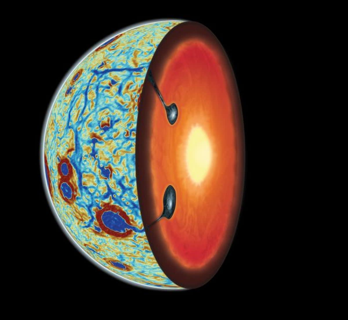 Schematic illustration with a gravity gradient map (blue hexagonal pattern) of the lunar nearside and a cross-section showing two ilmenite-bearing cumulate downwellings from lunar mantle overturn (Adrien Broquet/University of Arizona & Audrey Lasbordes)