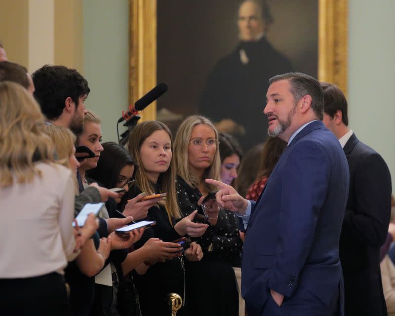 Senator Cruz exits during a break as the Trump impeachment trial continues in Washington