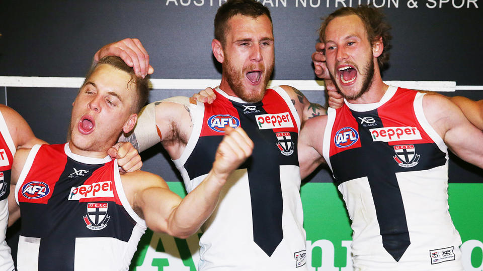 The Saints celebrate their win against Melbourne. Pic: Getty