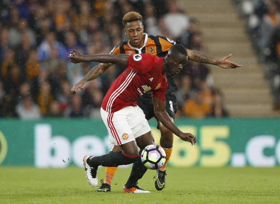 Football Soccer Britain- Hull City v Manchester United - Premier League - The Kingston Communications Stadium - 27/8/16 Manchester United's Eric Bailly in action with Hull City's Abel Hernandez Action Images via Reuters / Lee Smith Livepic EDITORIAL USE ONLY. No use with unauthorized audio, video, data, fixture lists, club/league logos or "live" services. Online in-match use limited to 45 images, no video emulation. No use in betting, games or single club/league/player publications. Please contact your account representative for further details.