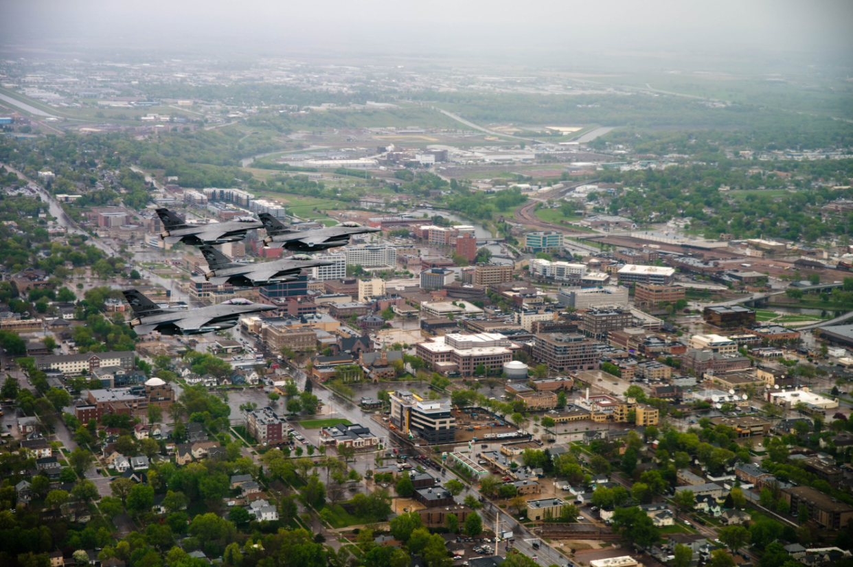 Airplanes from the 114th Fighter Wing of the South Dakota Air National Guard fly over South Dakota cities in 2020.