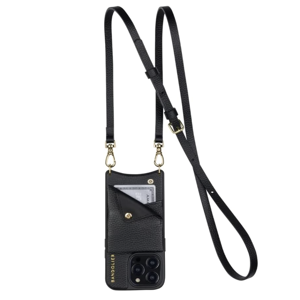 black phone crossbody bag with gold hardware and card slots