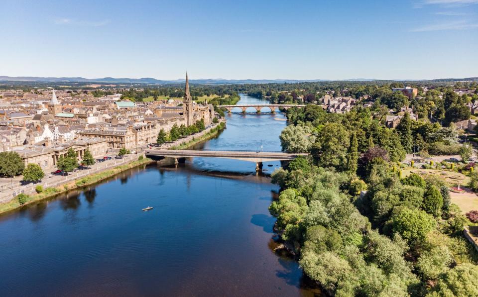 City of Perth and River Tay on a beautiful summer day in Scotland, United Kingdom