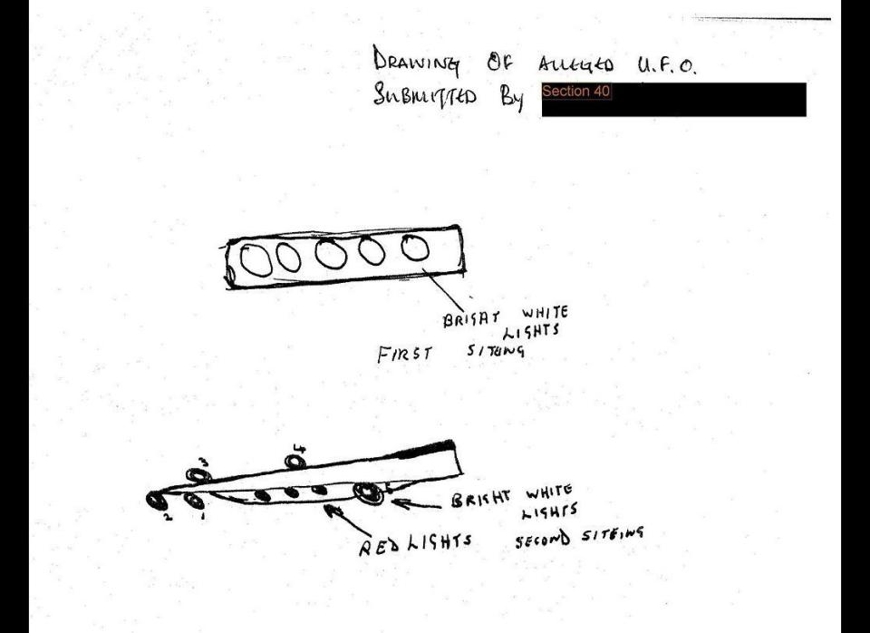 This eyewitness drawing of an alleged UFO sighting is in one of 19 once-secret files posted to the British National Archives website. The files cover sightings reported between 1986 and 1992. Although many of the reports were debunked, some remain unexplained. 