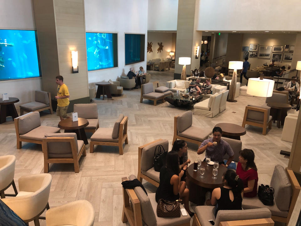 The interior of the Alohilani Resort is shown in Honolulu on Wednesday, Aug. 7, 2019. Hawaii authorities are investigating three fires that were intentionally set in three different high-rise resort hotels near Waikiki Beach over the past few days. (AP Photo/Caleb Jones)