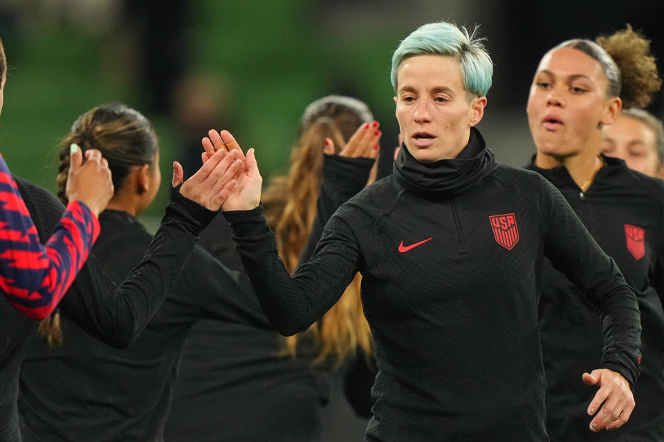 Soccer: FIFA World Cup: USA  Megan Rapinoe (15) in action, high fives teammates vs Sweden during a Round of 16 match between Winner Group G and Runner Up Group E at Melbourne Rectangular Stadium.  Melbourne, Australia 8/6/2023  CREDIT: Erick W. Rasco (Photo by Erick W. Rasco/Sports Illustrated via Getty Images)  (Set Number: X164393 TK1)