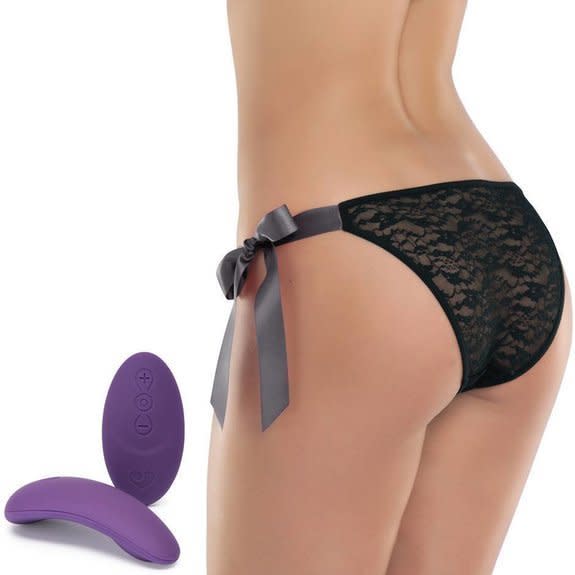 This vibrator comes with ribbon-tie lace undies that feature a pocket perfectly sized for&nbsp;<a href="https://www.lovehoney.com/product.cfm?p=36307" target="_blank" rel="noopener noreferrer">y<strong>our new saddle-shaped vibrator</strong></a>. Its versatile design can be used at home for a fun night in, or wear it out and pass the control to your partner for a fantasy-filling night out. The controls work from up to 8 meters away.