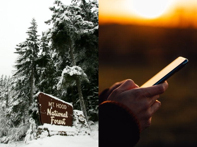 L: A sign for Mt. Hood National Forest stands on Highway 35 near Parkdale, Oregon.
R: A smartphone against a sunset - stock photo.