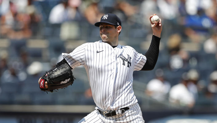 New York Yankees starting pitcher Jordan Montgomery throws against the Kansas City Royals during the second inning of a baseball game, Sunday, July 31, 2022, in New York. (AP Photo/Noah K. Murray)
