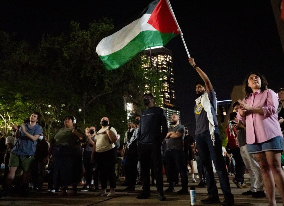 Pro-Palestinian protesters gather in front of the Travis County Jail to support those arrested during protests at the University of Texas earlier in the day, April 24, 2024 in Austin, Texas.