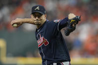 Atlanta Braves starting pitcher Charlie Morton throws during the first inning of Game 1 in baseball's World Series between the Houston Astros and the Atlanta Braves Tuesday, Oct. 26, 2021, in Houston. (AP Photo/Ashley Landis)