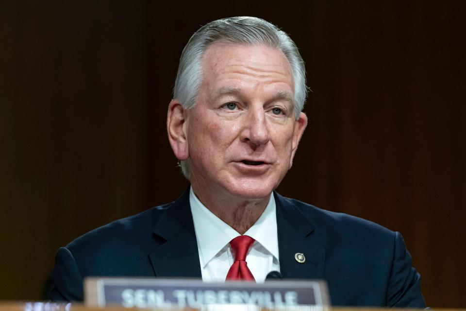 Sen. Tommy Tuberville, R-Ala., speaks at Capitol Hill in Washington, Tuesday, May 2, 2023.