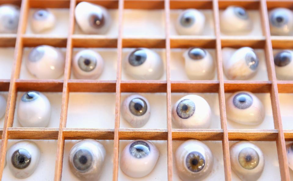 A miscellaneous tray of prosthetic eyes at the office on February 12, 2024. Eye Prosthetics of Wisconsin, Inc. create Custom Ocular Prosthetics in Brookfield, Wisconsin. The ocularists, take special care to hand-craft each artificial eye to look realistic, as this is an important step to patient recovery after an eye loss.