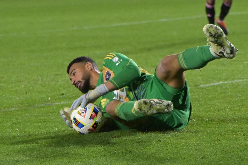 Feb 25, 2024; Carson, California, USA; Inter Miami CF goalkeeper Drake Callender (1) blocks a shot on goal by the LA Galaxy during the second half at Dignity Health Sports Park. Mandatory Credit: Jayne Kamin-Oncea-USA TODAY Sports