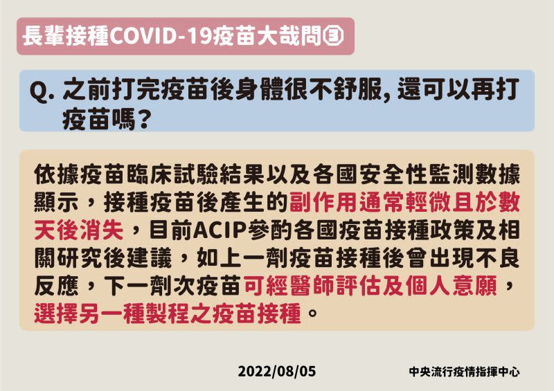 ▲長輩COVID-19疫苗大哉問。（圖／指揮中心提供）