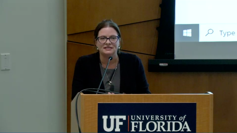 Amanda Phalin, UF Faculty Senate chair, speaks to senate leaders as she faces a vote of no confidence.