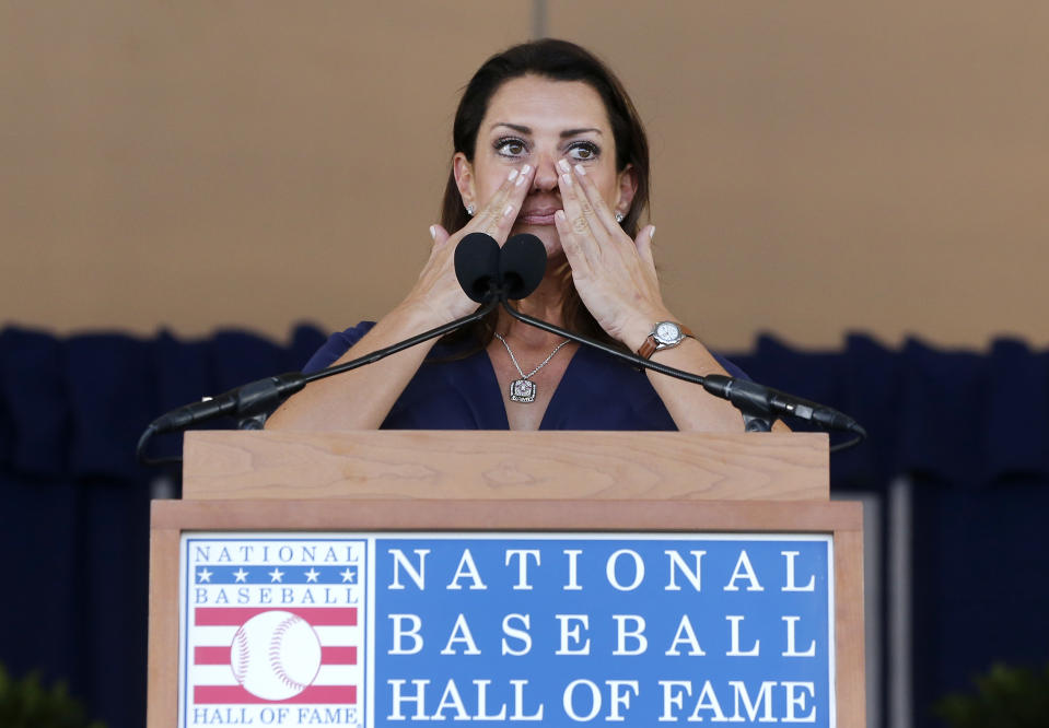 Brandy Halladay speaking at the Hall of Fame about her late husband Roy. (Photo by Jim McIsaac/Getty Images)