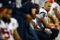 Matt Schaub #8 of the Houston Texans watches the game from the sideline afar being pulled in the fourth quarter against the New England Patriots during the game at Gillette Stadium on December 10, 2012 in Foxboro, Massachusetts. (Photo by Jared Wickerham/Getty Images)