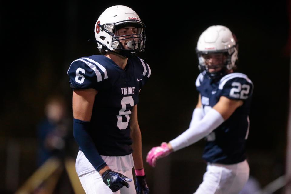 Seaman High School wide receiver/defensive back Callen Barta (6) celebrates a touchdown during last Friday's game against Kansas City Piper. Barta announced Sunday that he will play at Kansas State next year.