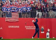 Sep 30, 2016; Chaska, MN, USA; Justin Rose of England plays his shot from the first tee in the morning foursome matches during the 41st Ryder Cup at Hazeltine National Golf Club. Mandatory Credit: Michael Madrid-USA TODAY Sports