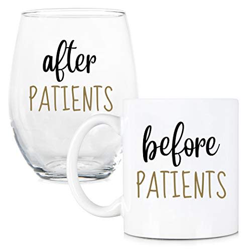 Before Patients, After Patients 11 oz Coffee Mug and 15 oz Stemless Wine Glass Set - Unique Gift Idea for Dentist, Dental, Medical, Hygienist, Doctor, Physician, Nurse - Perfect Graduation Gifts