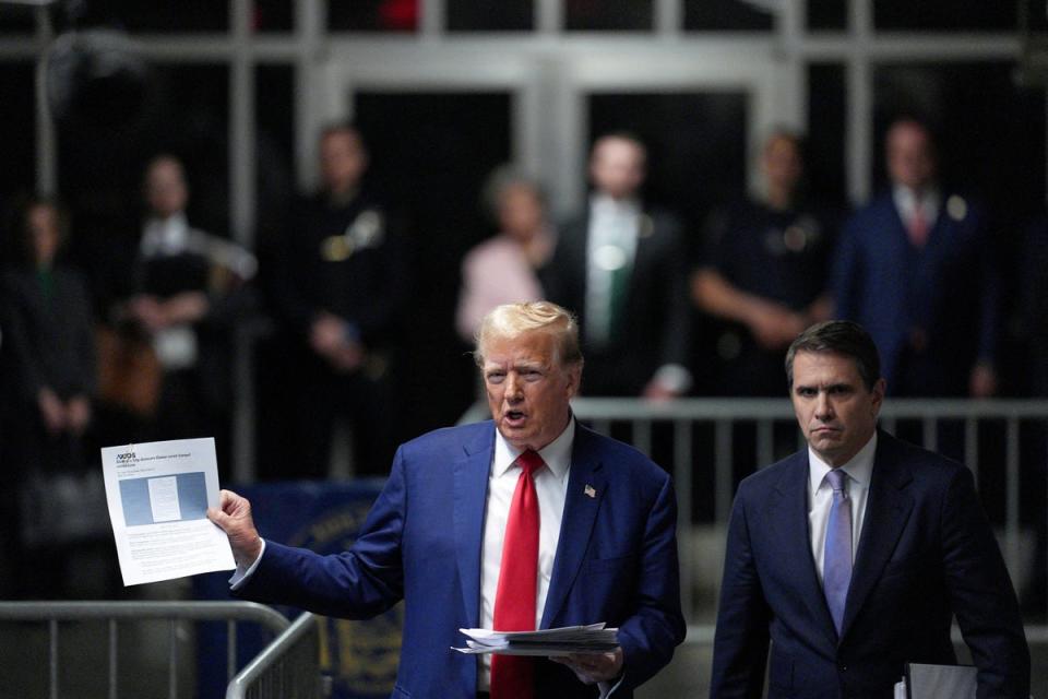 Former President Donald Trump leaves Manhattan Supreme Court on the 15th day of his hush money trial filed by DA Bragg on May 10, 2024. (via REUTERS)