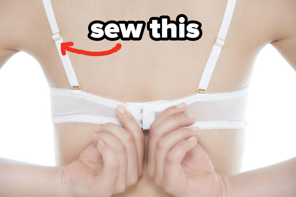 A woman closing the back of her bra with an arrow at the adjustable strap saying "sew this"