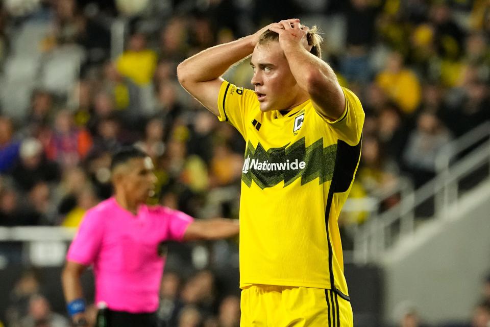 May 11, 2024; Columbus, OH, USA; Columbus Crew midfielder Aidan Morris (8) reacts during the second half of the MLS soccer game against FC Cincinnati at Lower.com Field. The Crew lost 2-1.