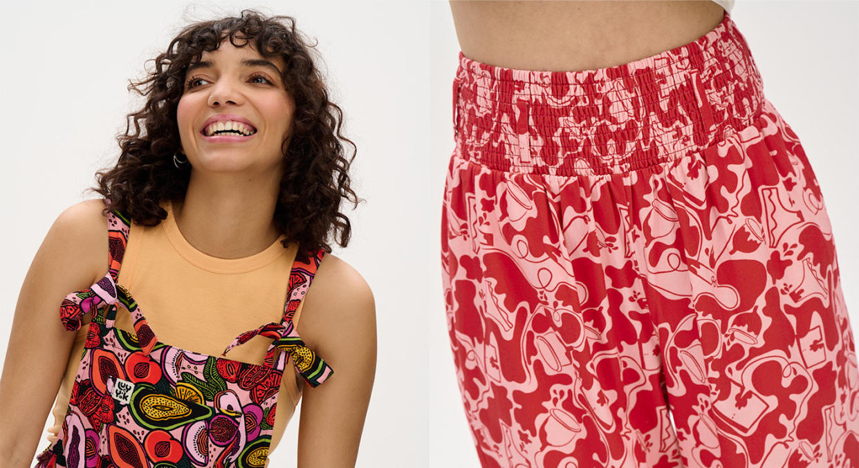 Lucy & Yak's 'Period Edit' vulva dungarees and period pattern trousers. (Lucy & Yak)