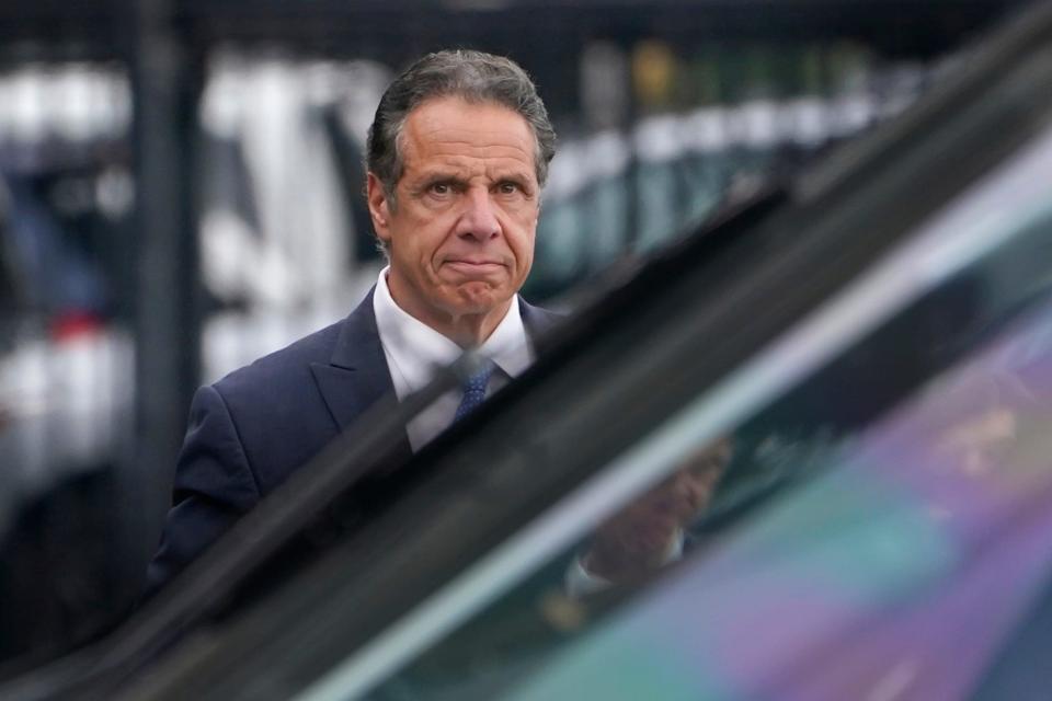 New York Gov. Andrew Cuomo prepares to board a helicopter after announcing his resignation on Aug. 10, 2021, in New York. Cuomo says he will resign over a barrage of sexual harassment allegations. The three-term Democratic governor's decision, which will take effect in two weeks, was announced as momentum built in the Legislature to remove him by impeachment.