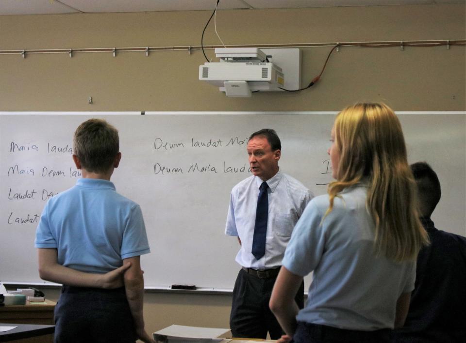 Stephen Taylor teaches Latin to his students Aug. 19 at Cornerstone Classical School