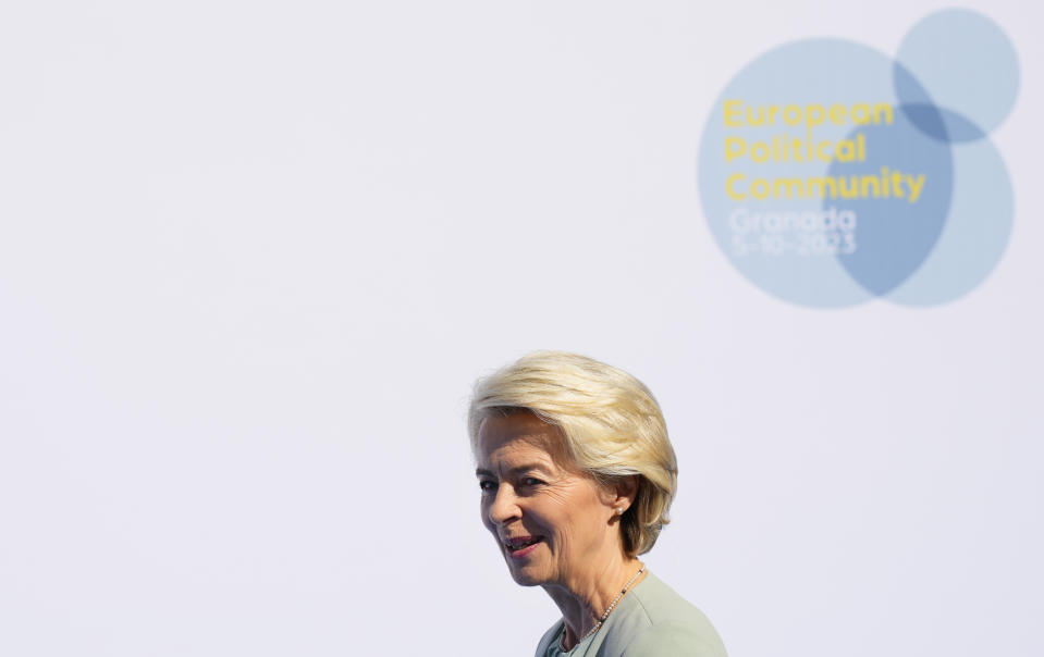 President of the European Commission, Ursula von der Leyen arrives at the Europe Summit in Granada, Spain, Thursday, Oct. 5, 2023. Some 50 European leaders are gathering in southern Spain's Granada on Thursday to stress that they stand by Ukraine, at a time when Western resolve appears somewhat weakened. Ukrainian President Volodymyr Zelenskyy will be there to hear it. (AP Photo/Manu Fernandez)