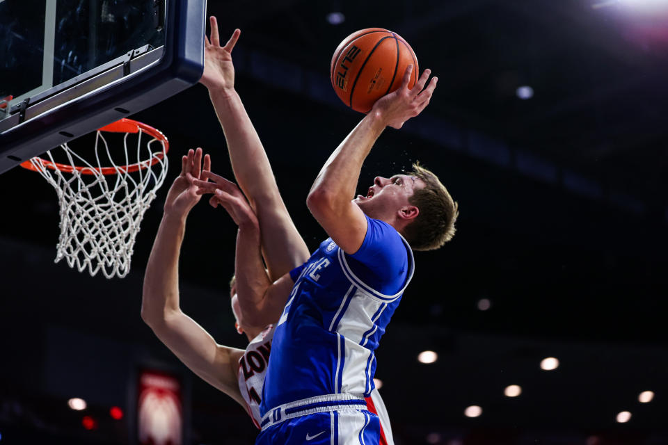 Nov 22, 2024; Tucson, Arizona, USA; Duke Blue Devils forward Cooper Flagg (2) attempts to make a basket during the first half against the Arizona Wildcats at McKale Center. Mandatory Credit: Aryanna Frank-Imagn Images