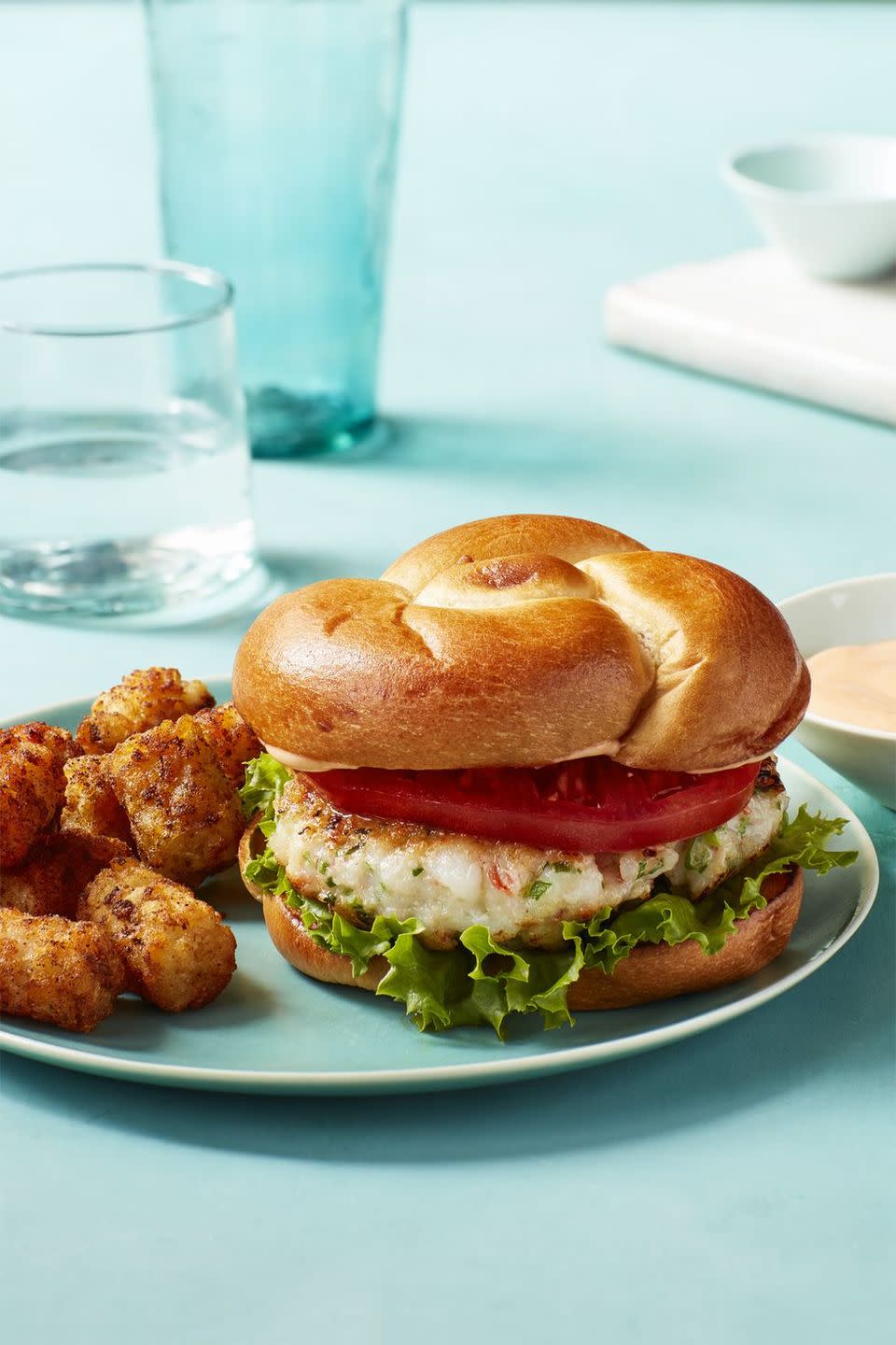 Po Boy Style Shrimp Burgers with Cajun Spiced Tots